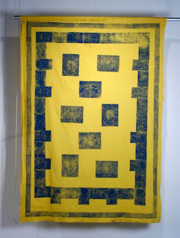 "Antique Gold" Linocut on found dyed fabric, h. 70" w. 50"